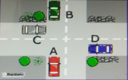 图中D车的驾驶员如想直走该怎么开？